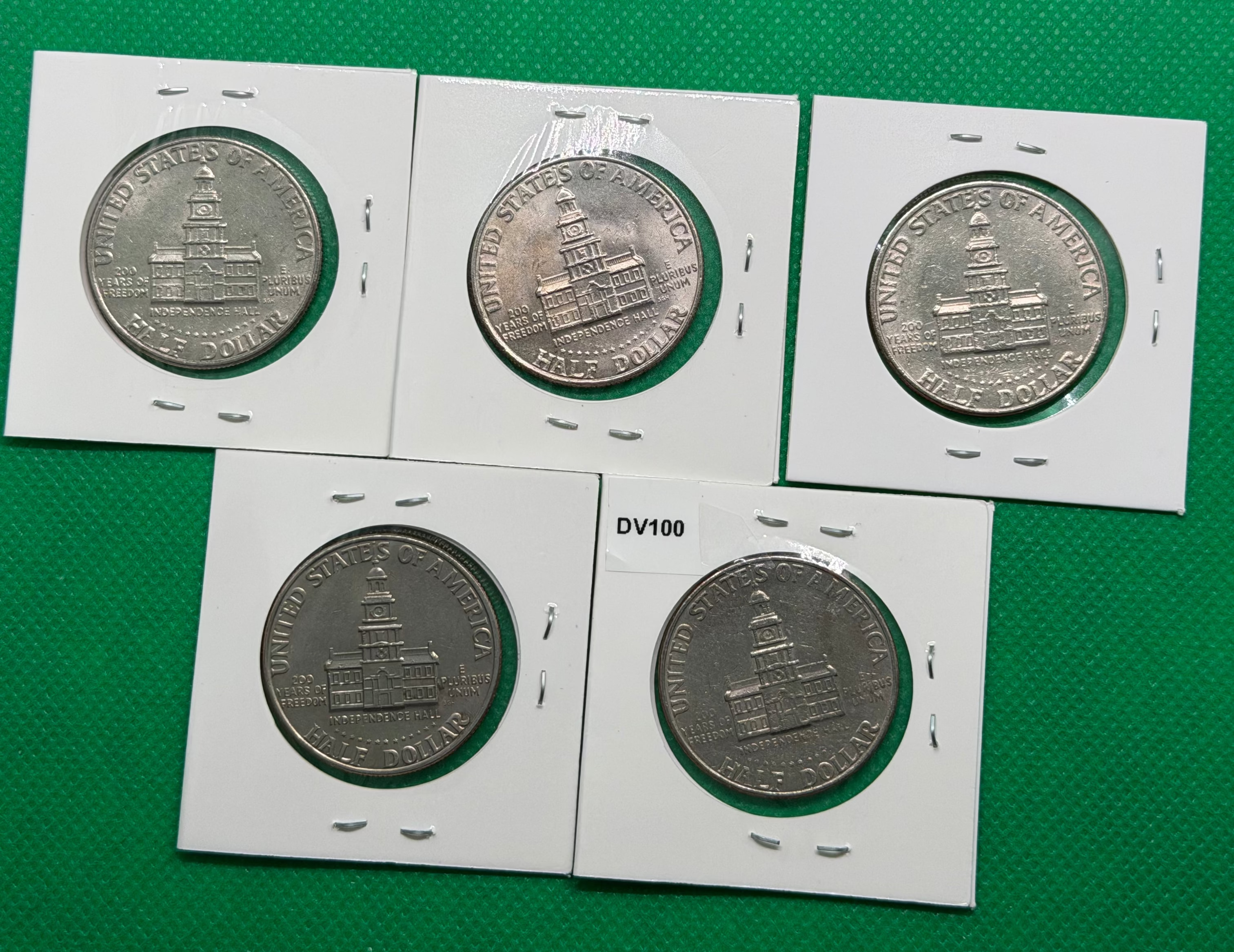 Lot of 5 1776-1976-D Kennedy Half Dollars — Bicentennial — Circulated