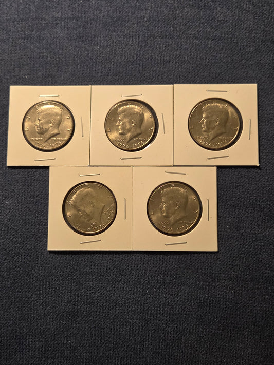 Lot of 5 1776-1976 Kennedy Half Dollars - No Mint Mark - Bicentennial - Circulated